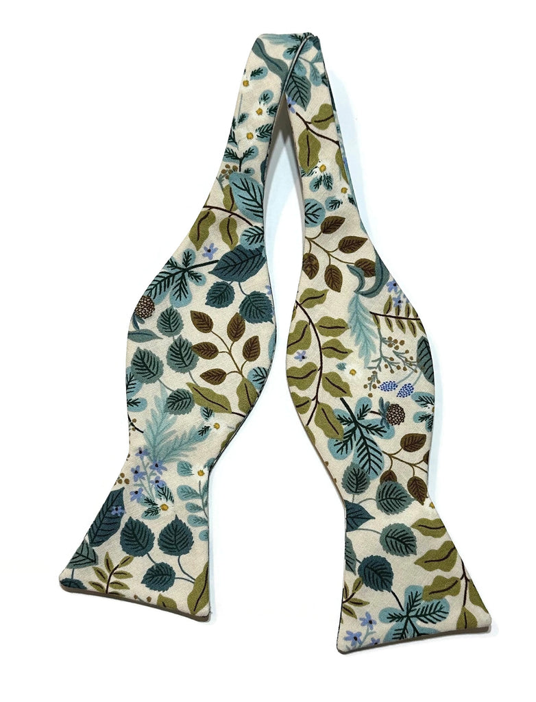 Cream Verte Floral Bow Tie, handcrafted neckties, handmade bow ties for men, unique floral patterns.