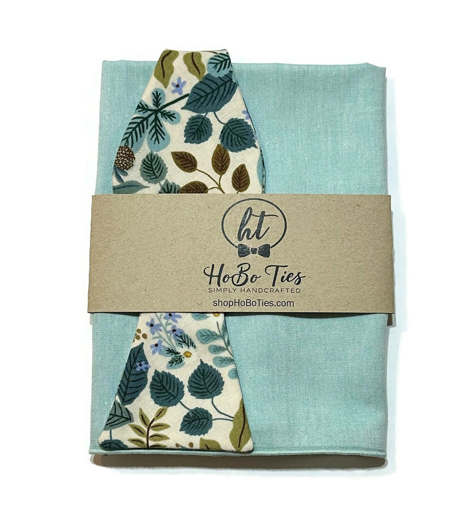 Cream Verte Floral Bow Tie with matching pocket square, handcrafted neckties for men, unique floral patterns.