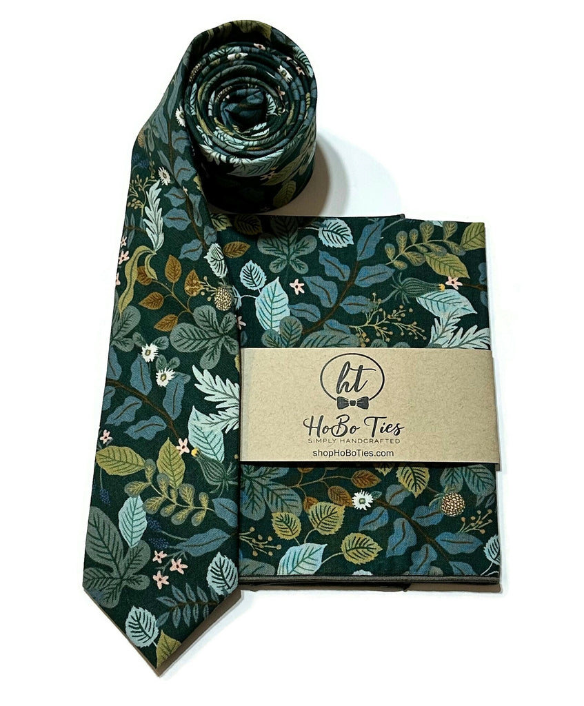 Hunter Verte Floral Necktie featuring vibrant foliage design, a perfect addition to handcrafted neckties collection.