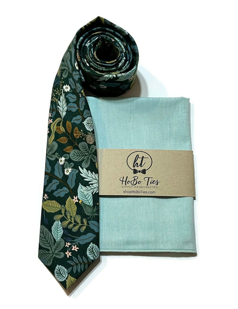 Hunter Verte Floral Necktie paired with a matching pocket square, handcrafted neckties and accessories for weddings.