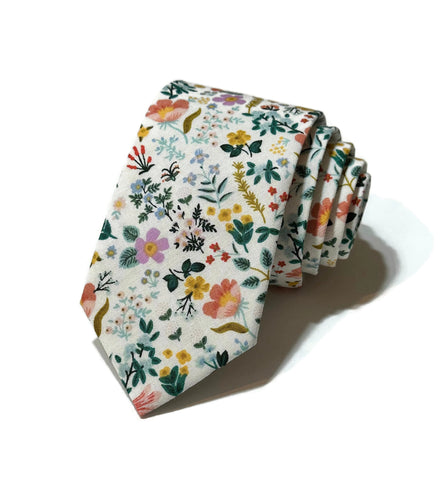 White Bramble Fields Floral Necktie featuring vibrant floral patterns, perfect for handcrafted neckties and men's formal wear.