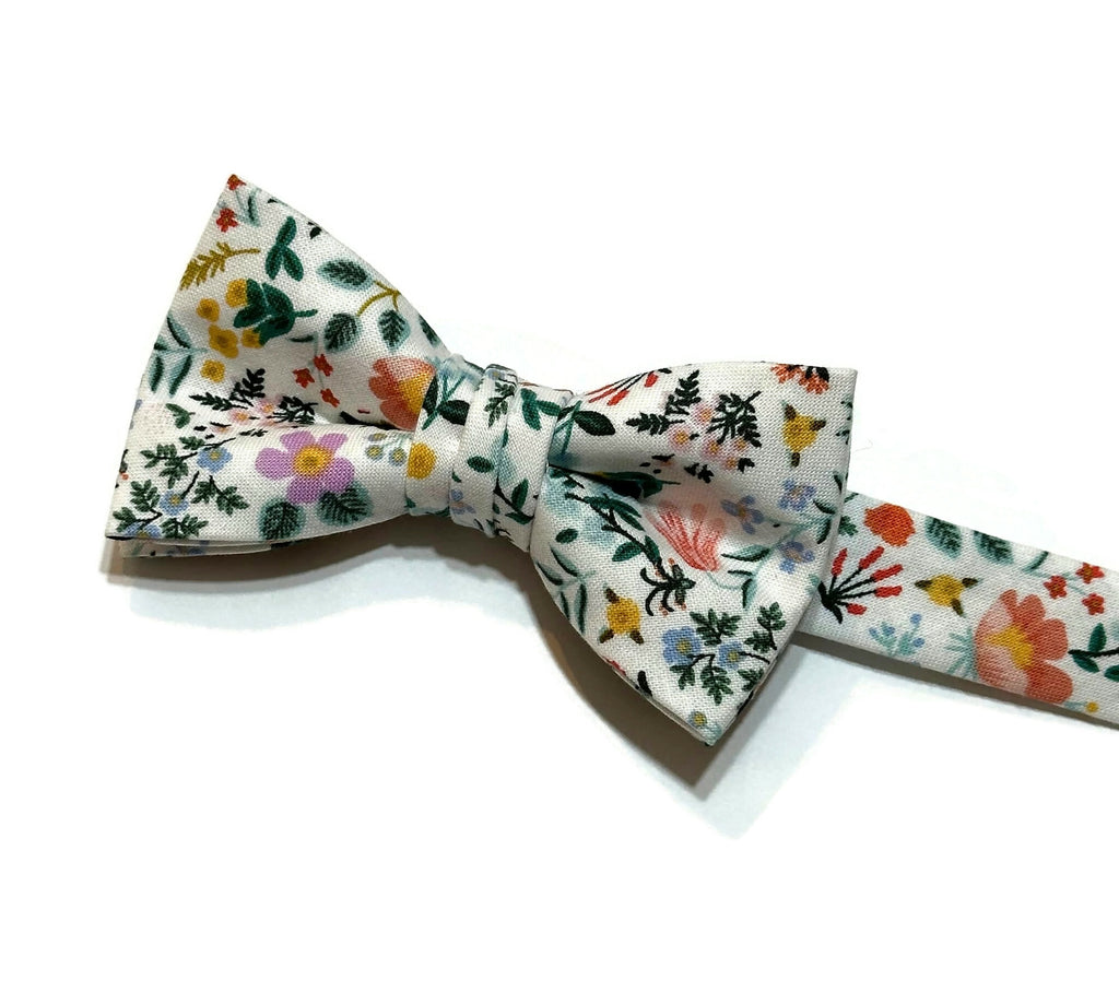 Bramble Fields Floral Bow Tie - Boys handcrafted neckties with colorful floral pattern for formal wear accessories.