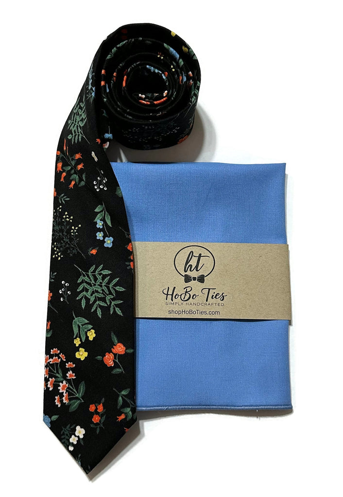 Black Hawthorne Floral Necktie with matching pocket square, perfect for men’s formal wear accessories.