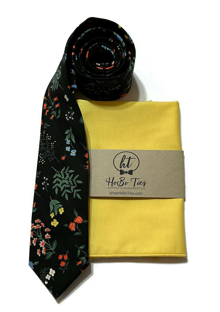 Black Hawthorne Floral Necktie with yellow pocket square, handcrafted neckties, wedding accessories for men.