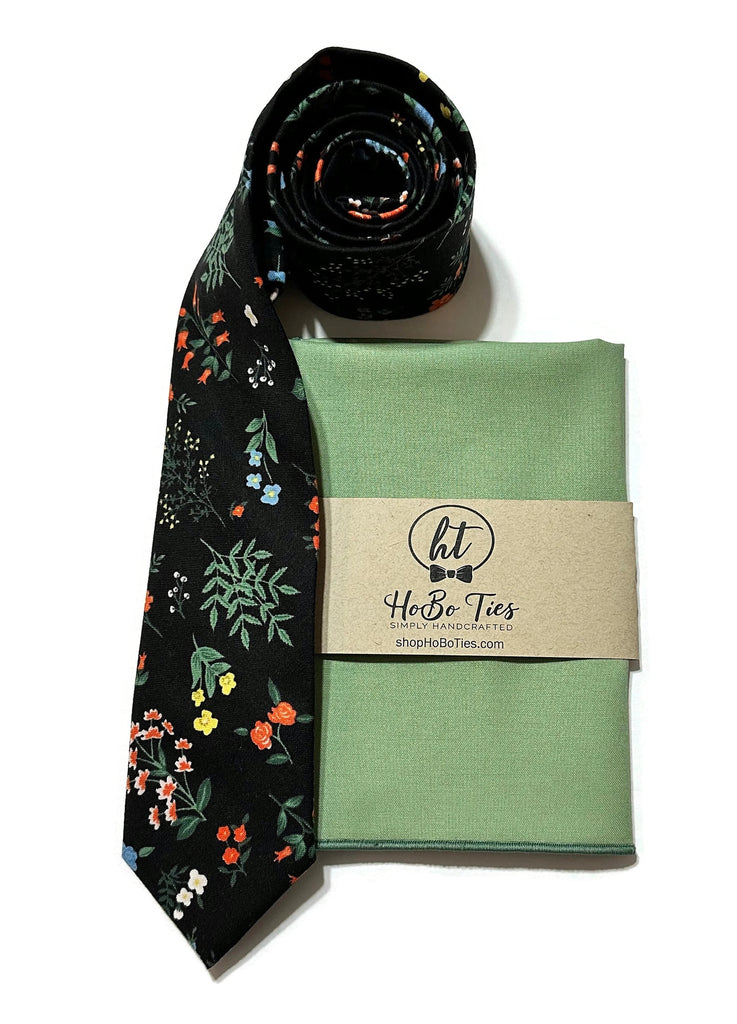 Black Hawthorne Floral Necktie with matching pocket square, handcrafted neckties for men and boys, unique wedding accessories.