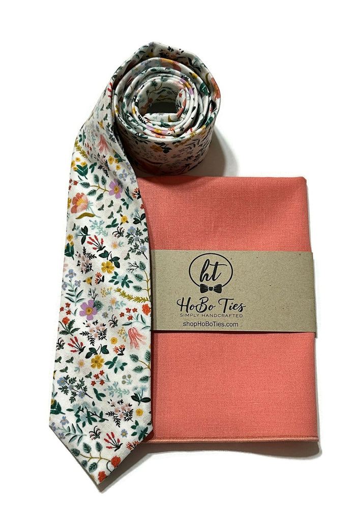 White Bramble Fields Floral Necktie with matching pocket square, handcrafted neckties for men and boys, unique wedding accessories.