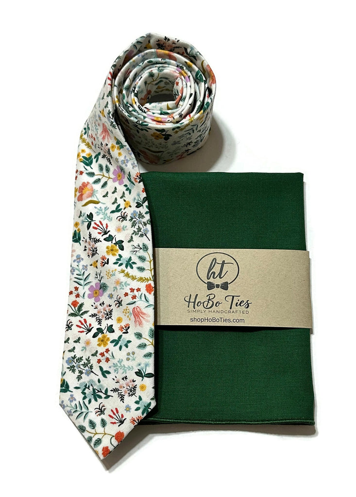 White Bramble Fields Floral Necktie with matching pocket square, handcrafted neckties, and floral men’s accessories.