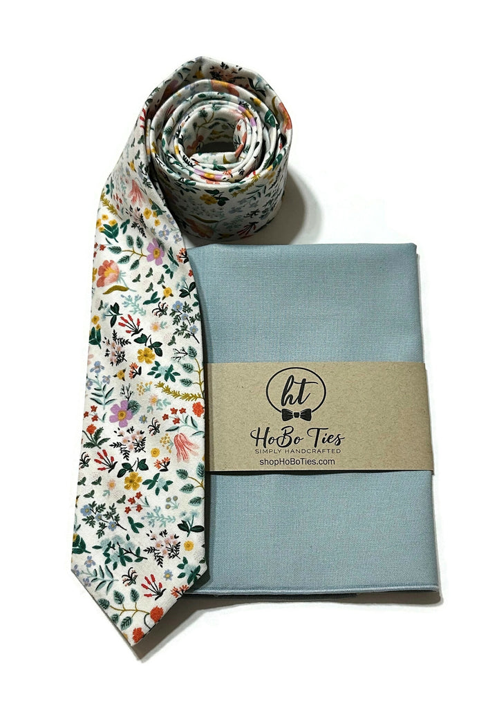 White Bramble Fields Floral Necktie with matching pocket square, perfect for formal wear and weddings.