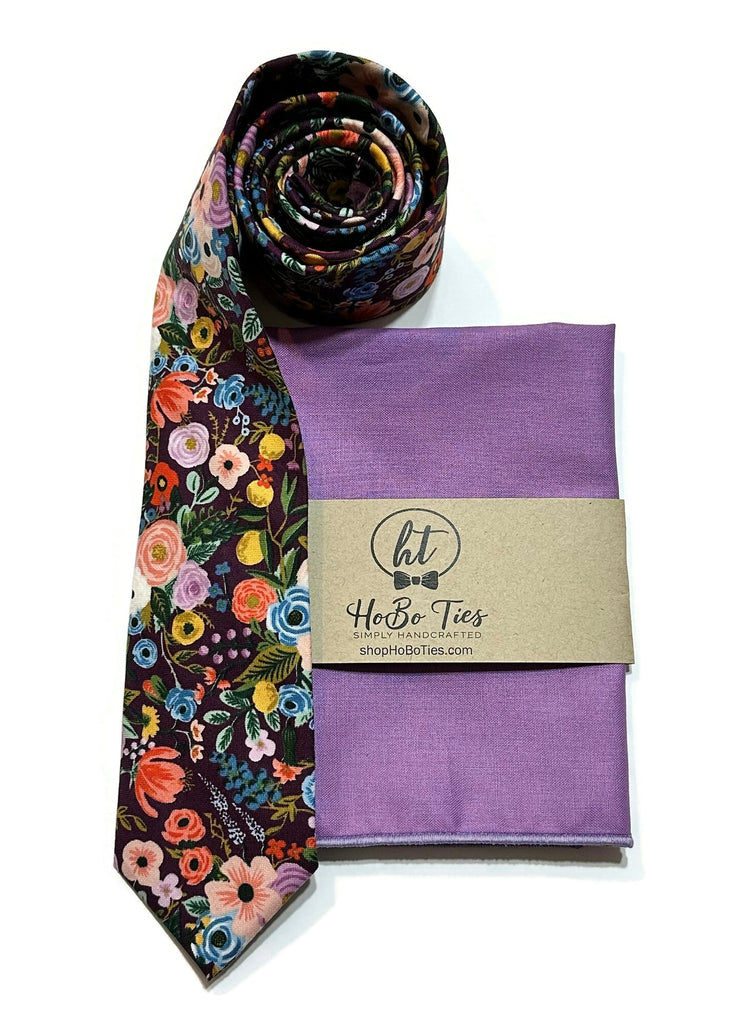 Eggplant Garden Party Petite Floral Necktie with matching pocket square, handcrafted neckties and accessories.