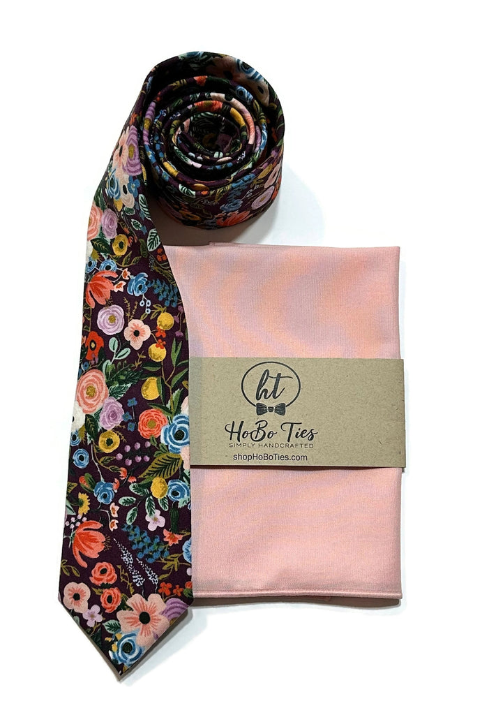 Eggplant Garden Party Petite Floral Necktie with matching pocket square, handcrafted neckties for men and boys.