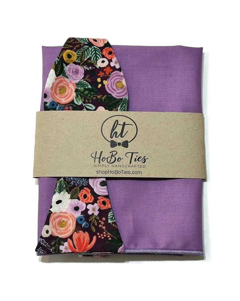 Eggplant Garden Party Petite Floral Bow Tie with matching pocket square, handcrafted neckties, handmade bow ties.