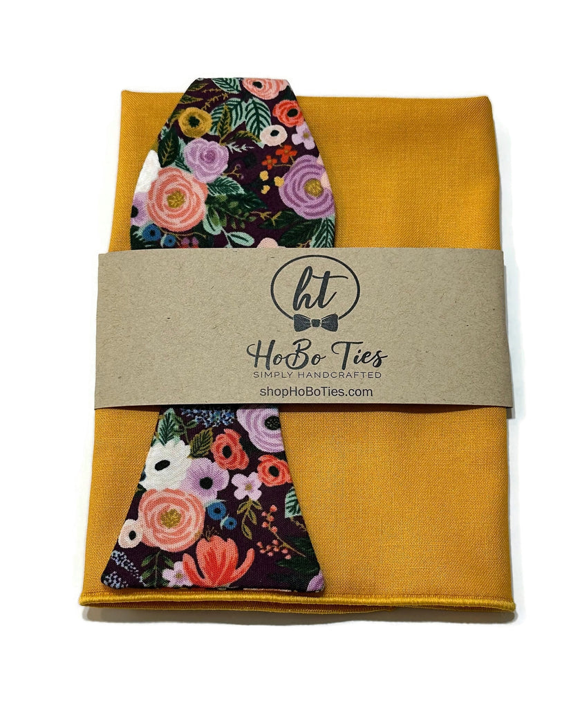 Eggplant Garden Party Petite Floral Bow Tie with mustard pocket square, handcrafted men’s accessories.