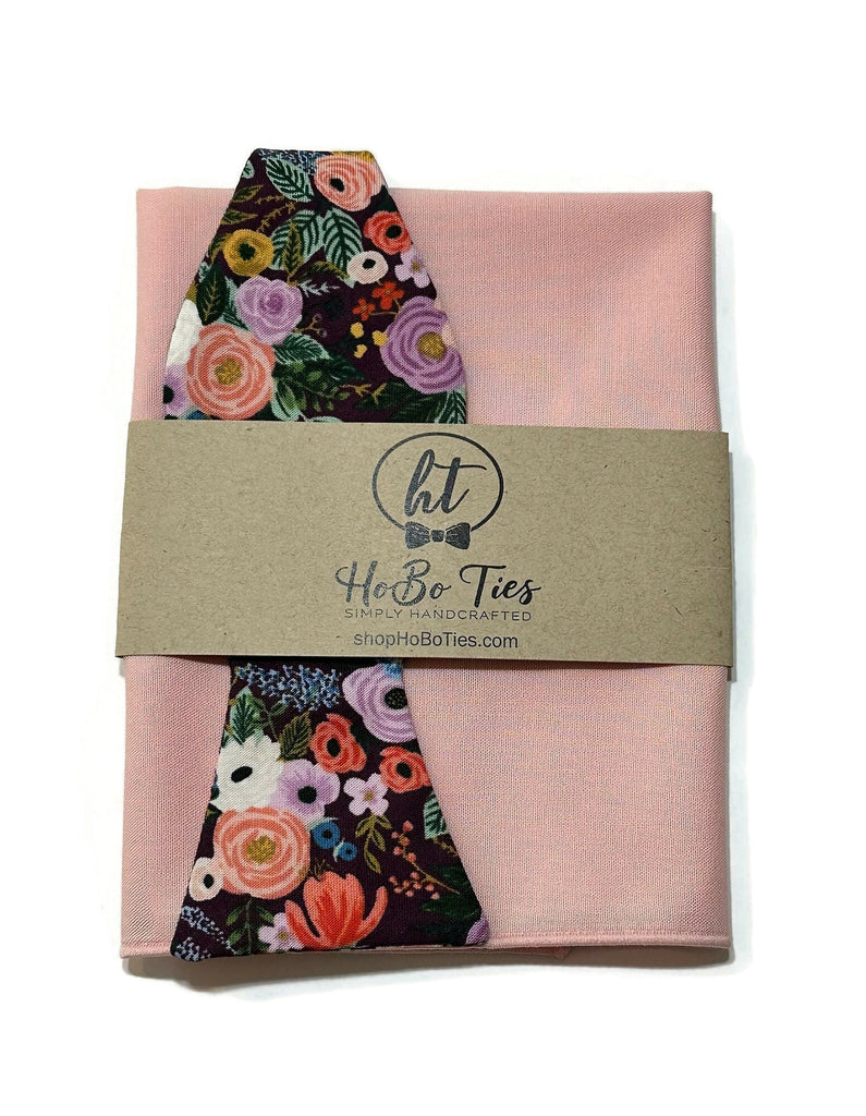 Eggplant Garden Party Petite Floral Bow Tie with matching pocket square, handcrafted neckties for men and boys.
