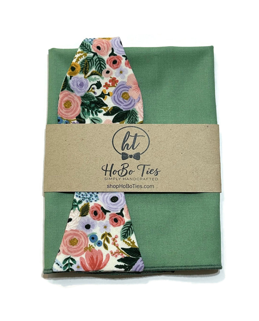 Ivory Garden Party Petite Floral Bow Tie with green pocket square, handcrafted neckties for formal wear.