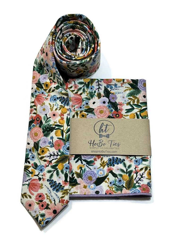 Ivory Garden Party Petite Floral Necktie, handcrafted neckties for men, unique floral design, wedding accessories for men.