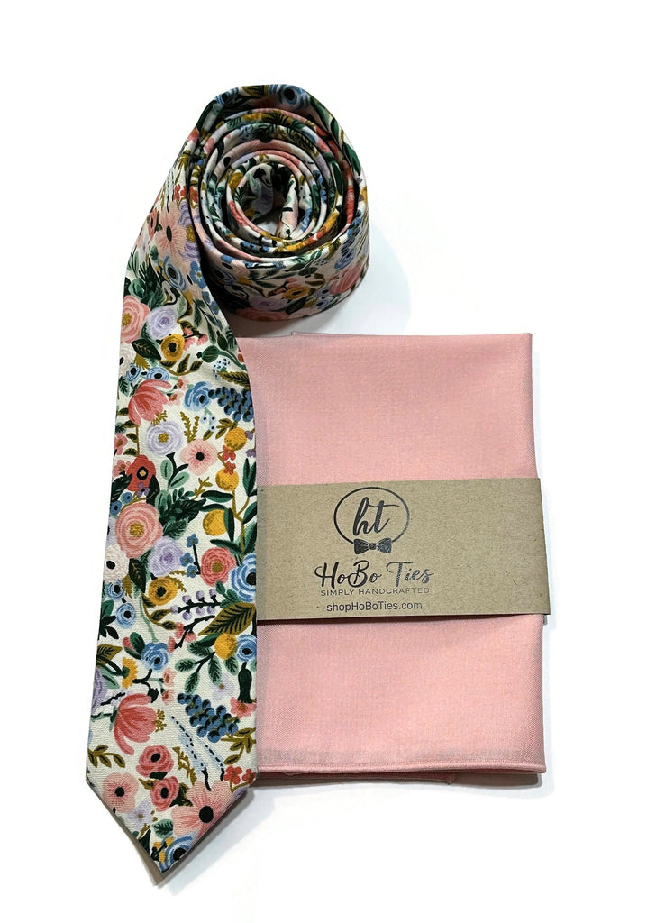 Ivory Garden Party Petite Floral Necktie paired with a pink pocket square, handcrafted for stylish men's and boys' formal wear.