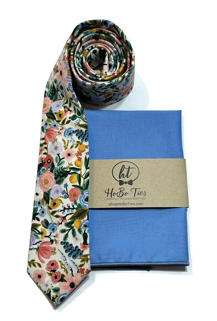 Ivory Garden Party Petite Floral Necktie with matching pocket square for men, perfect wedding accessories and formal wear.