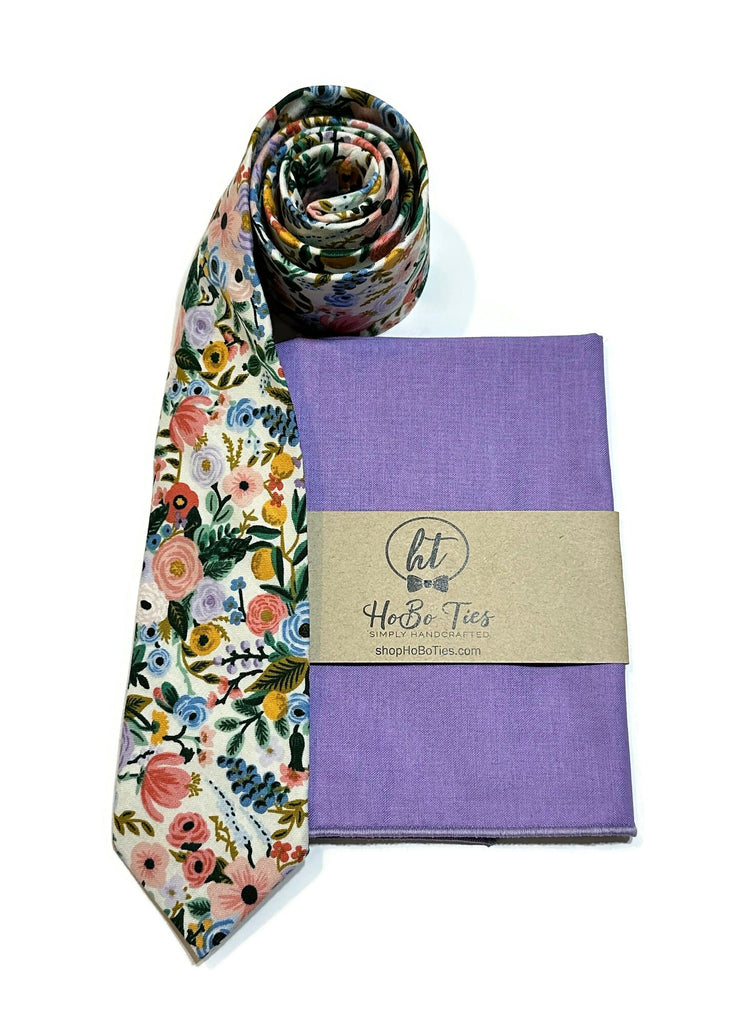 Ivory Garden Party Petite Floral Necktie with matching pocket square, handcrafted neckties for men and boys, floral formal wear accessories.