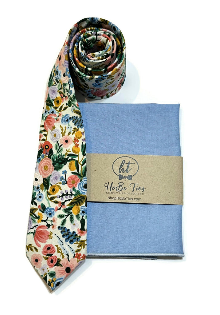 Ivory Garden Party Petite Floral Necktie with matching pocket square, handcrafted neckties for men and boys.