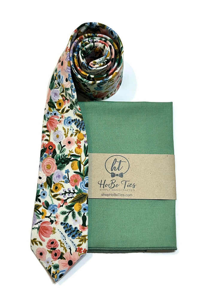 Ivory Garden Party Petite Floral Necktie with pocket square, handcrafted neckties for men and boys, floral neckwear set.