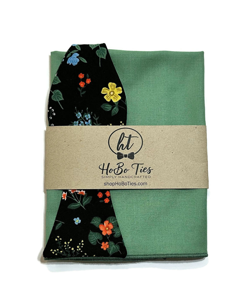 Black Hawthorne Floral Bow Tie with matching pocket square, handcrafted neckties for men and boys.