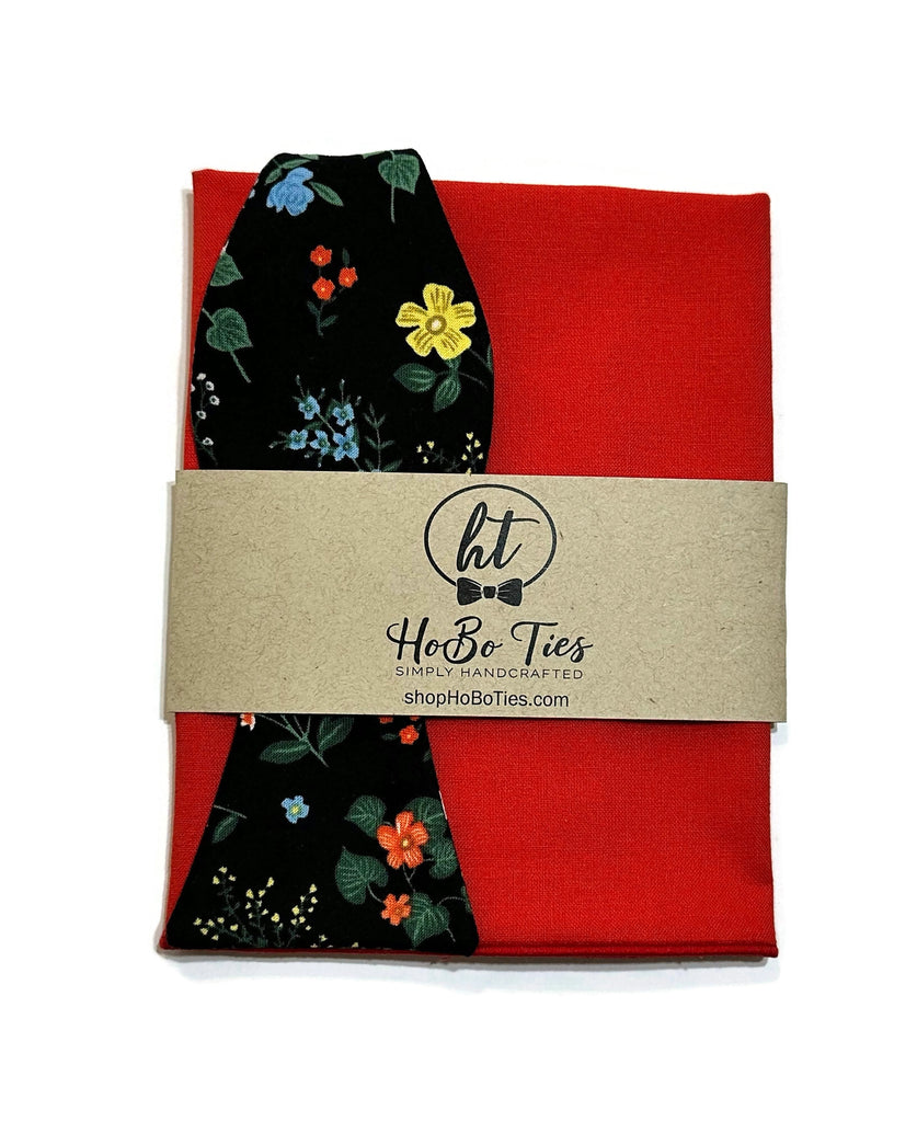 Black Hawthorne Floral Bow Tie with red pocket square, handcrafted neckties and accessories for men and boys.