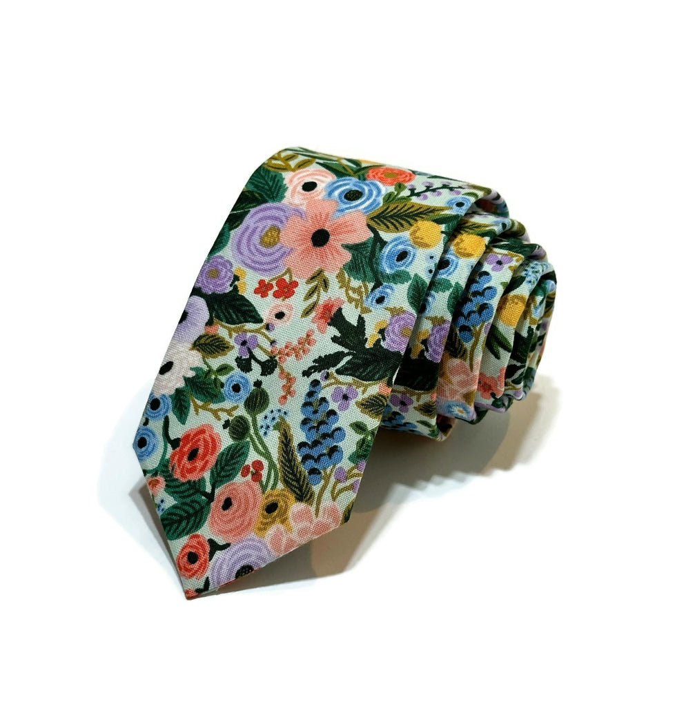 Mint Garden Party Petite Floral Necktie, a handcrafted necktie featuring vibrant floral patterns, perfect for men's formal wear.