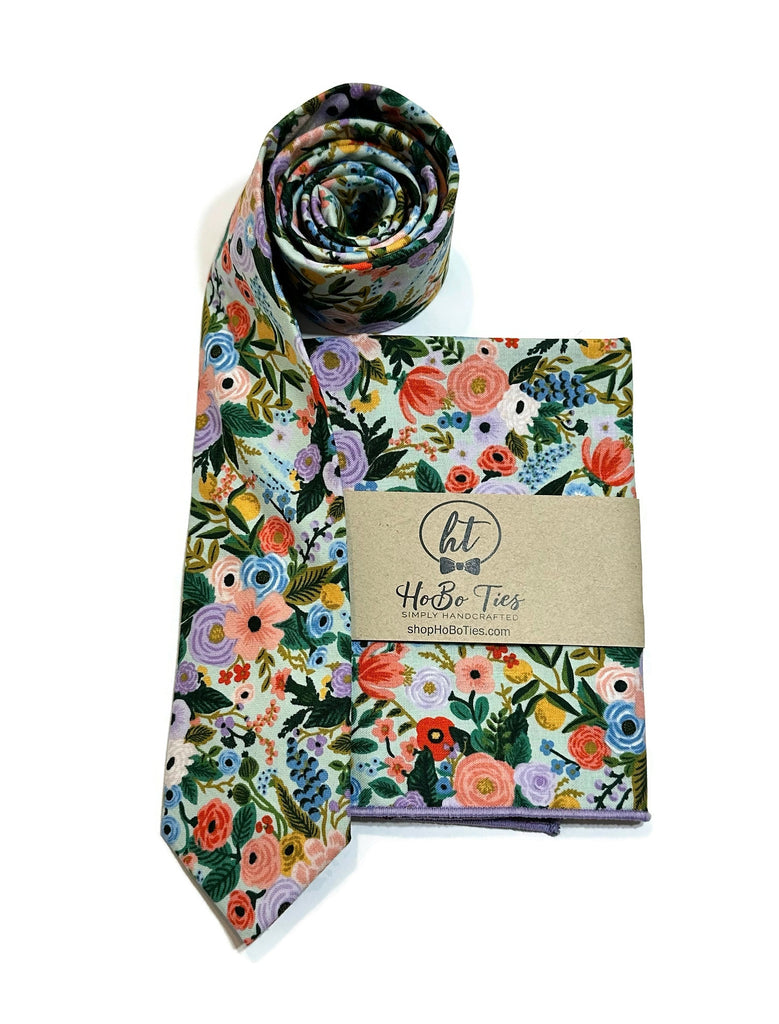 Mint Garden Party Petite Floral Necktie and matching pocket square from Hobo Ties, a handcrafted neckties collection.