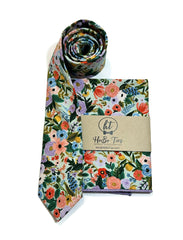 Mint Garden Party Petite Floral Necktie and matching pocket square from Hobo Ties, a handcrafted neckties collection.