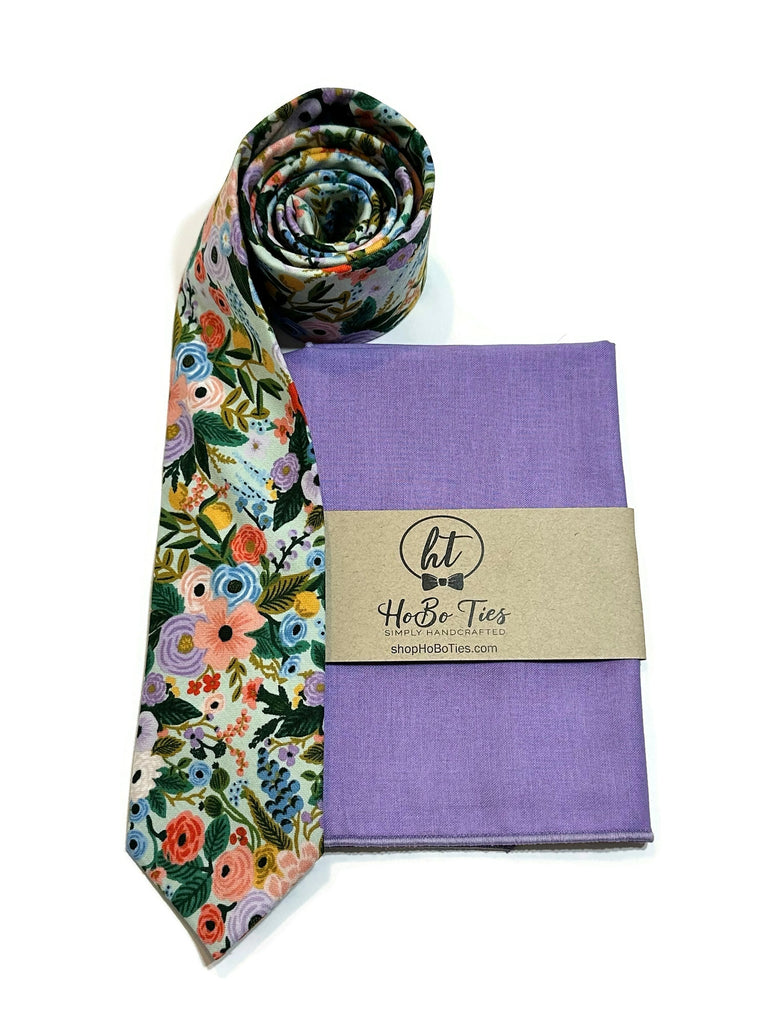 Mint Garden Party Petite Floral Necktie with matching pocket square for men’s formal wear accessories.