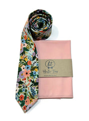 Mint Garden Party Petite Floral Necktie paired with a pink pocket square from handcrafted neckties collection.