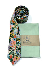 Mint Garden Party Petite Floral Necktie with matching pocket square, handcrafted neckties for men and boys.