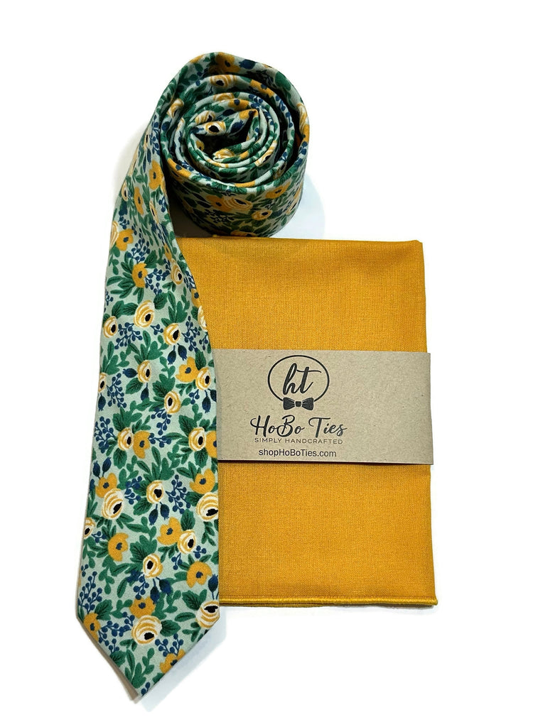 Mint Rosa Floral Necktie with matching pocket square, handcrafted neckties and accessories for formal wear.