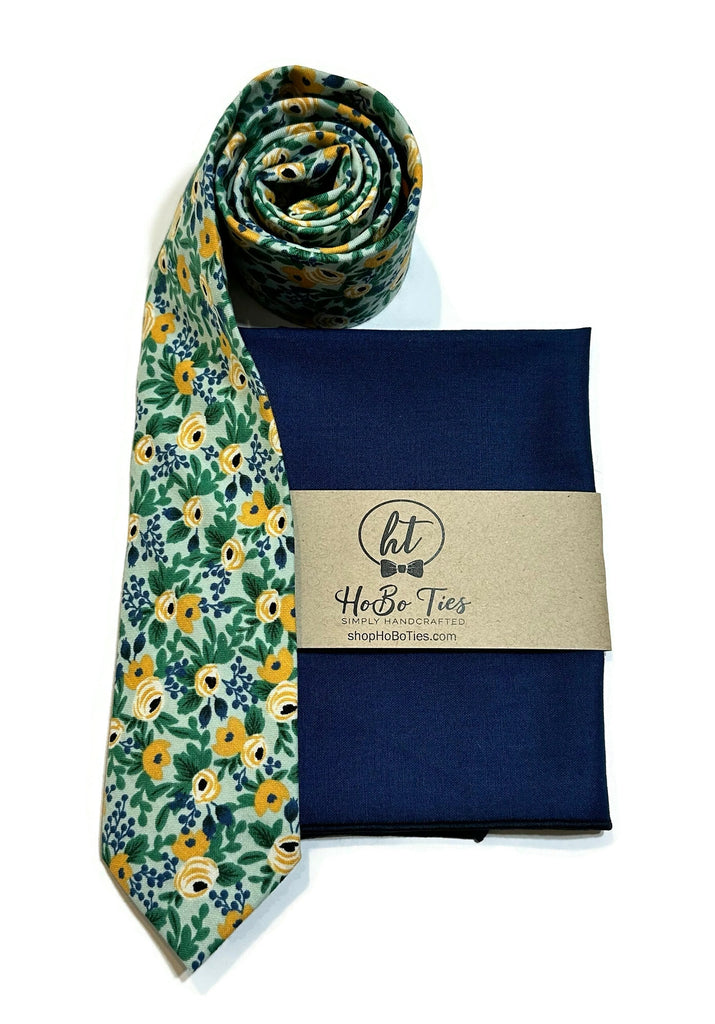 Mint Rosa Floral Necktie with coordinating pocket square, handcrafted neckties for men, unique floral pattern.