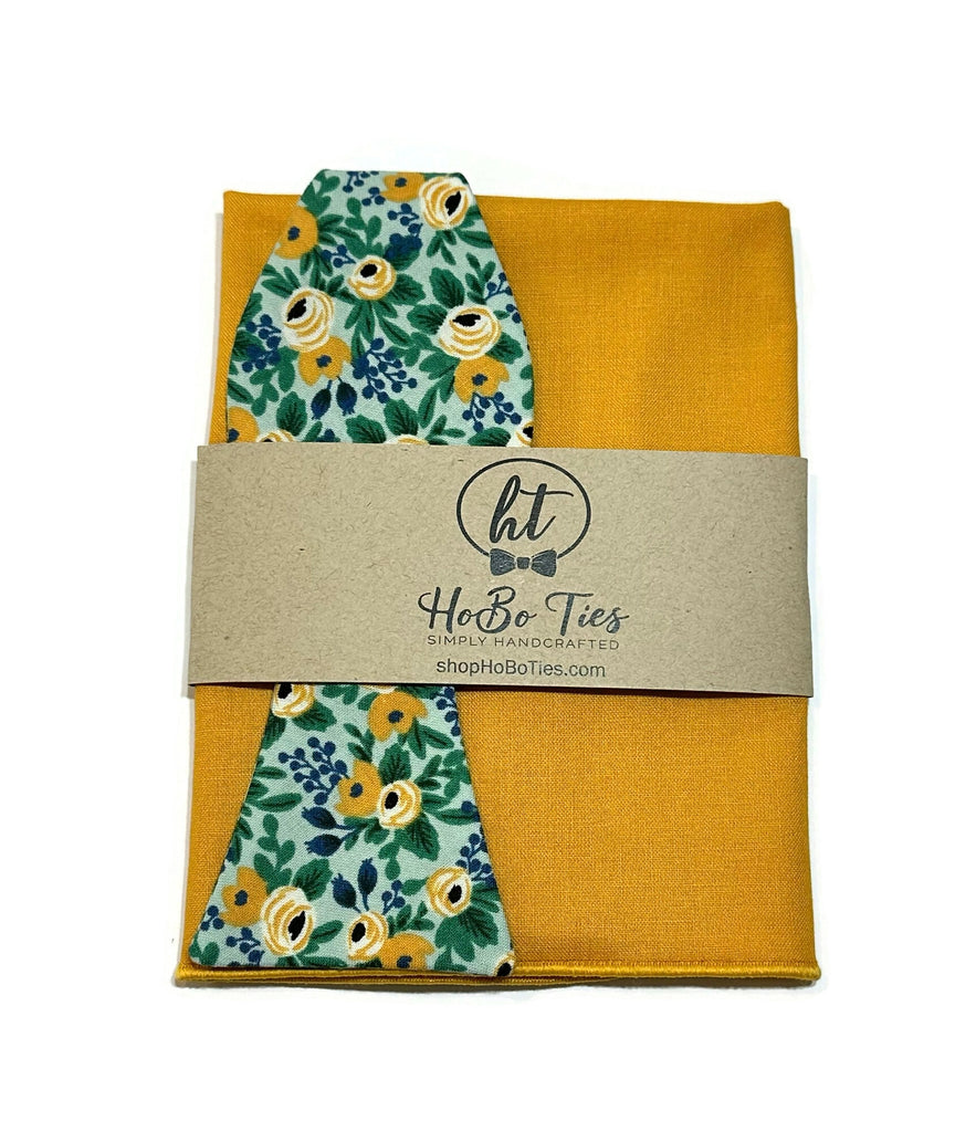 Mint Rosa Floral Bow Tie with matching pocket square, perfect for men and boys, handcrafted neckties for weddings or formal wear.