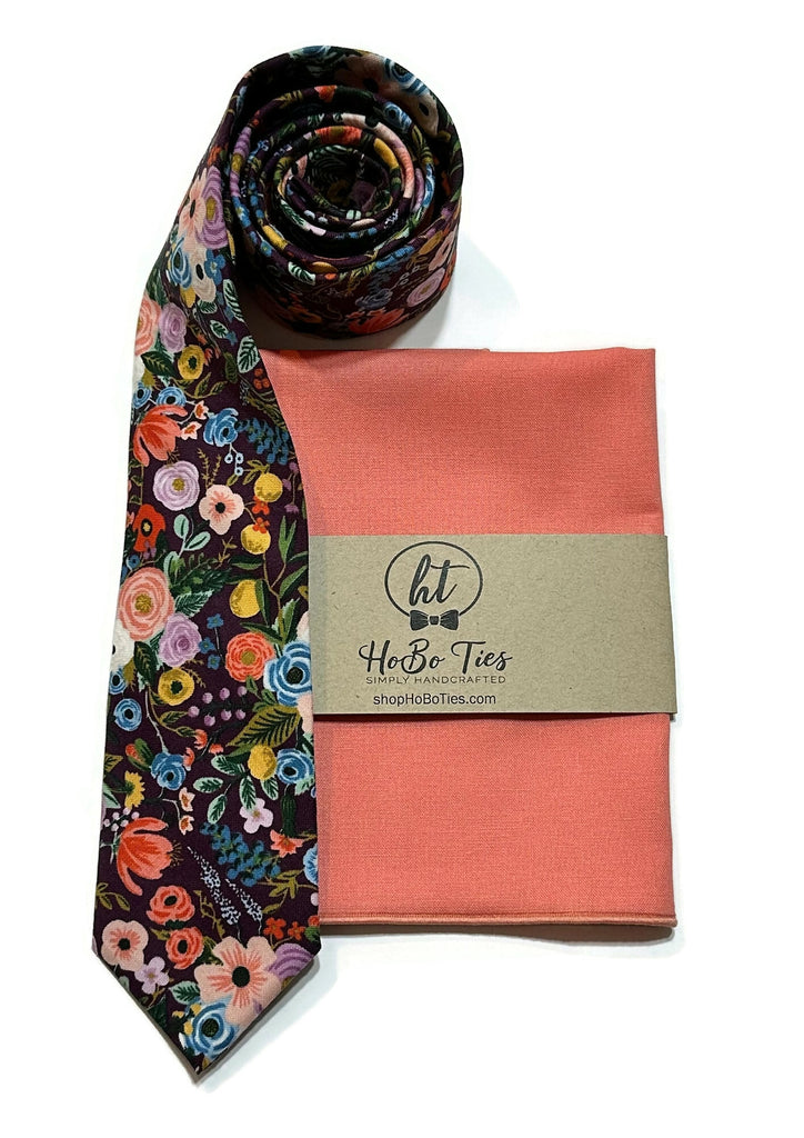 Eggplant Garden Party Petite Floral Necktie with matching pocket square, handcrafted neckties for men.