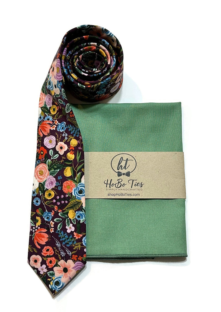 Eggplant Garden Party Petite Floral Necktie with matching pocket square, handcrafted neckties for men, unique floral patterns.