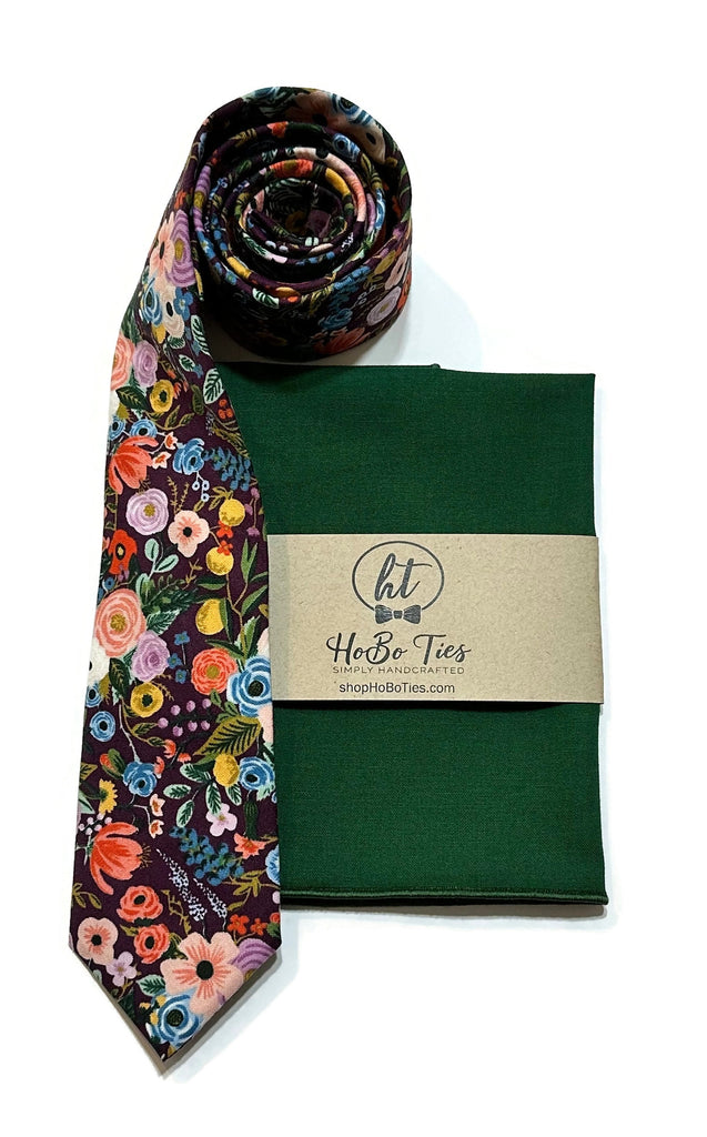 Eggplant Garden Party Petite Floral Necktie with matching pocket square, handcrafted neckties for men and boys.