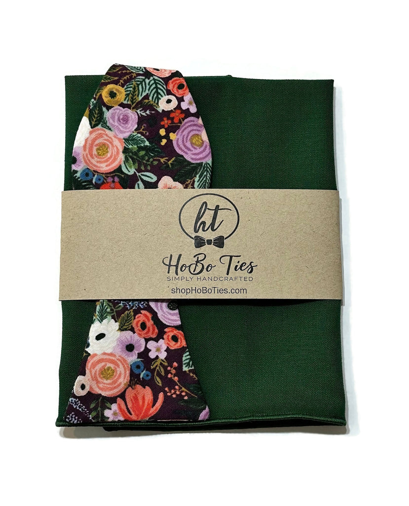 Eggplant Garden Party Petite Floral Bow Tie with matching pocket square for men, handcrafted neckties and unique accessories.