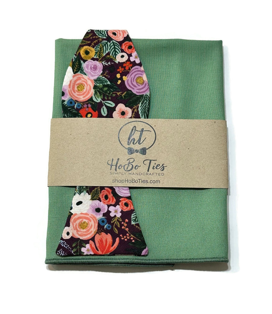 Eggplant Garden Party Petite Floral Bow Tie with green pocket square, handcrafted men's accessories for special occasions.