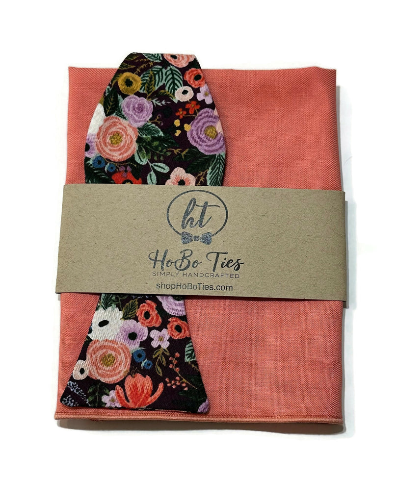 Eggplant Garden Party Petite Floral Bow Tie with matching pocket square, handcrafted neckties, handmade bow ties.