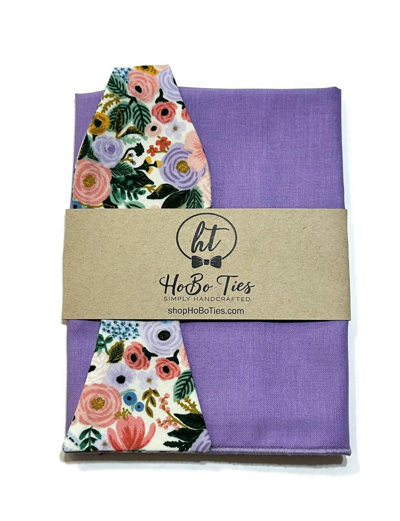 Ivory Garden Party Petite Floral Bow Tie with coordinating pocket square set, handcrafted neckties, wedding accessories for men.