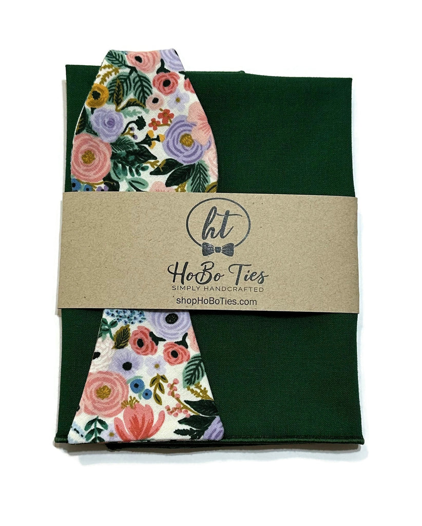 Ivory Garden Party Petite Floral Bow Tie with floral pattern and green pocket square, perfect for weddings and formal events.