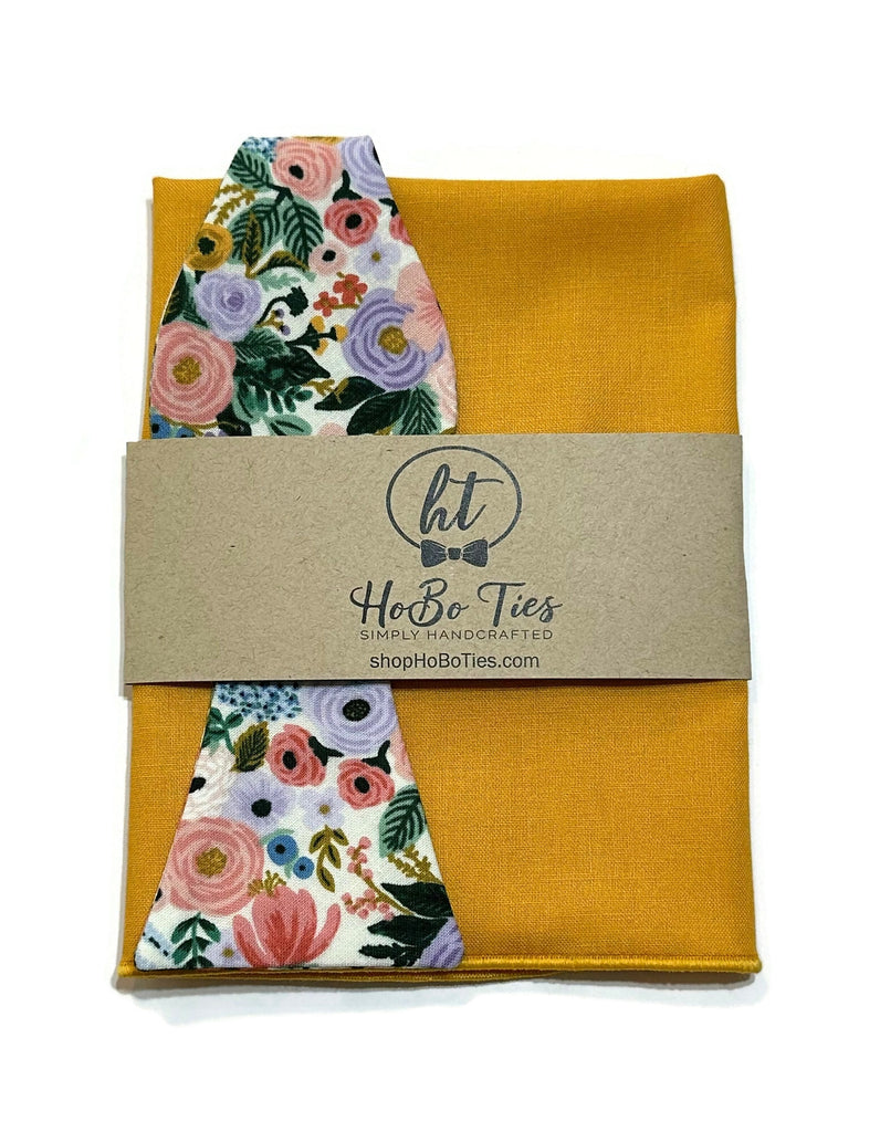 Ivory Garden Party Petite Floral Bow Tie with a yellow pocket square, handcrafted bow ties for men and boys.