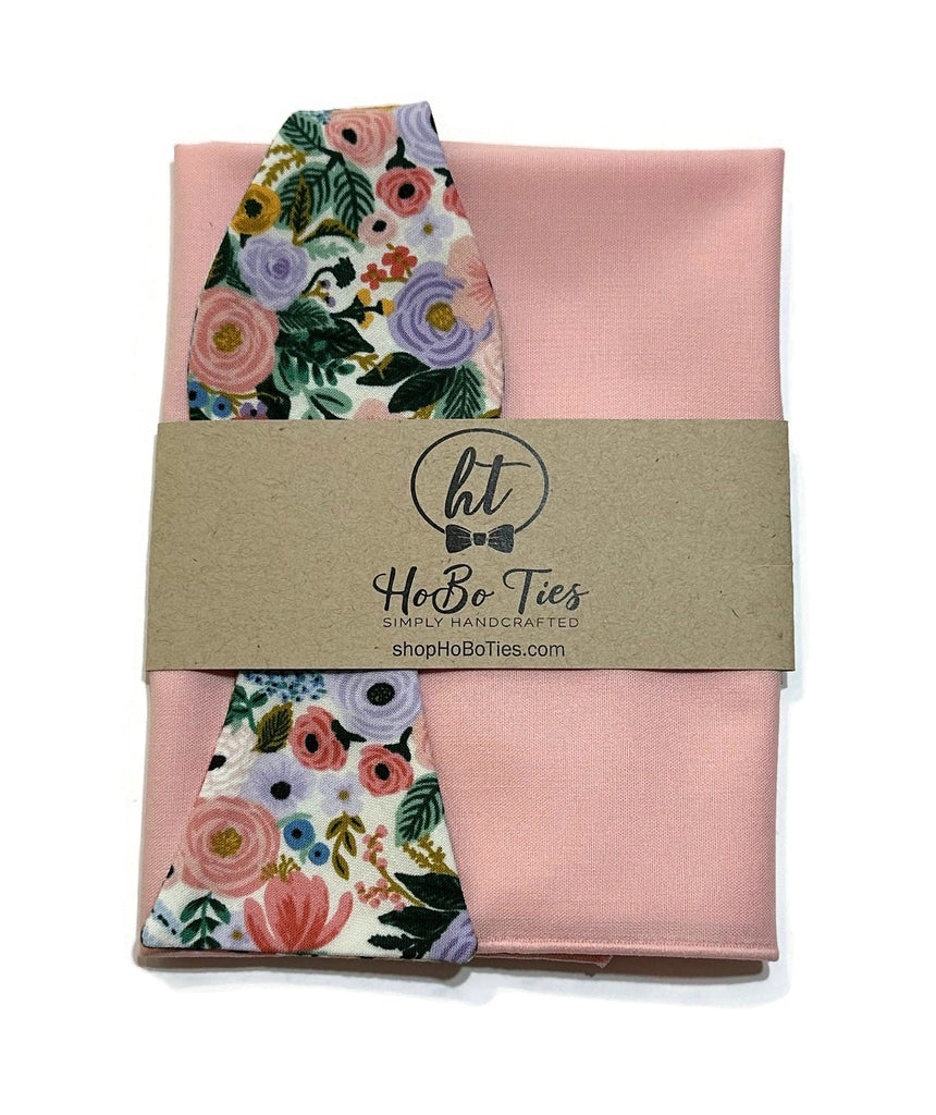 Ivory Garden Party Petite Floral Bow Tie with matching pocket square, handcrafted neckties for men and boys wedding accessories.