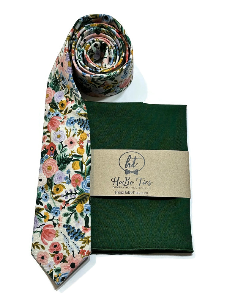Ivory Garden Party Petite Floral Necktie with matching pocket square, handcrafted neckties for weddings and formal events.