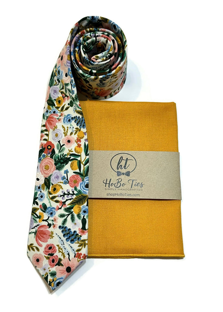 Ivory Garden Party Petite Floral Necktie with matching pocket square, handcrafted neckties for men and boys, floral neckwear.