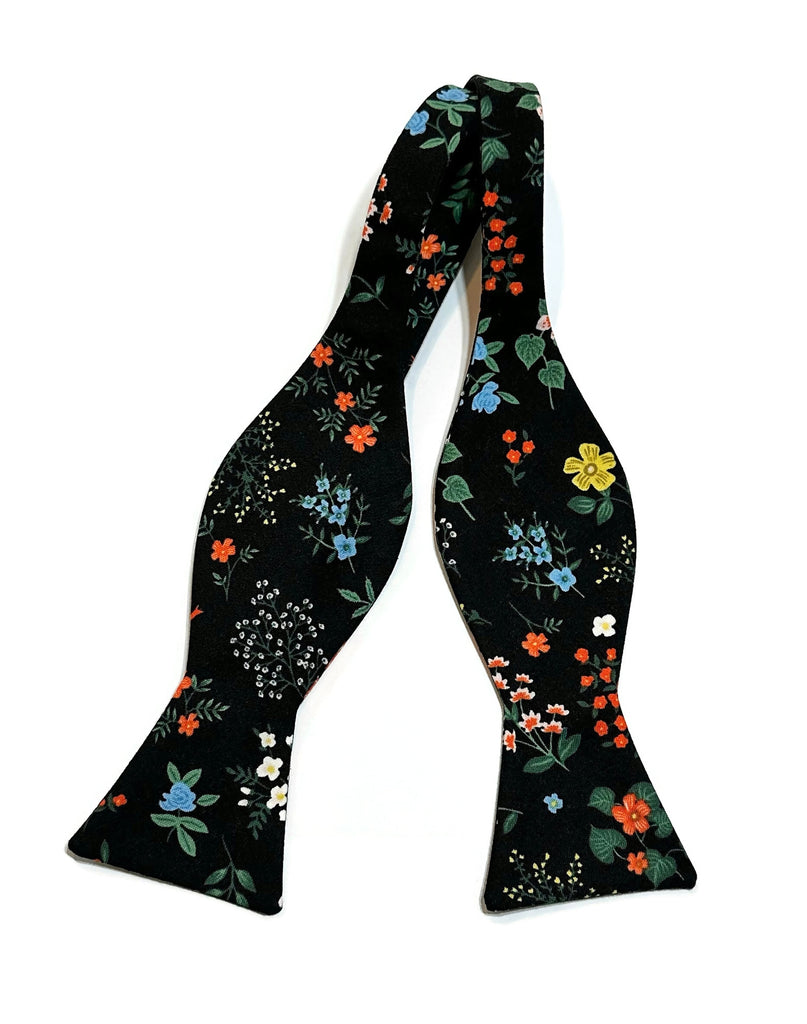 Black Hawthorne Floral Bow Tie, handcrafted neckties, handmade bow ties for men and boys, unique floral patterns.