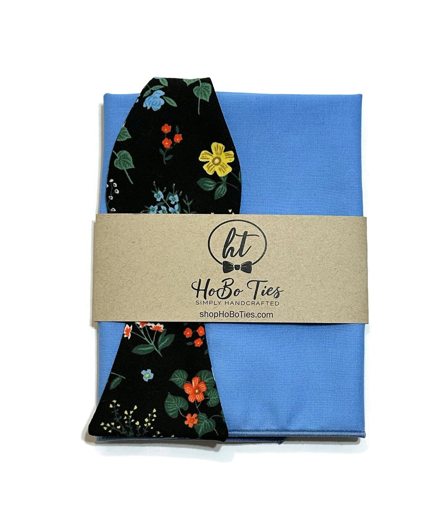 Black Hawthorne Floral Bow Tie with blue pocket square by HoBo Ties, handcrafted neckties and men's accessories.