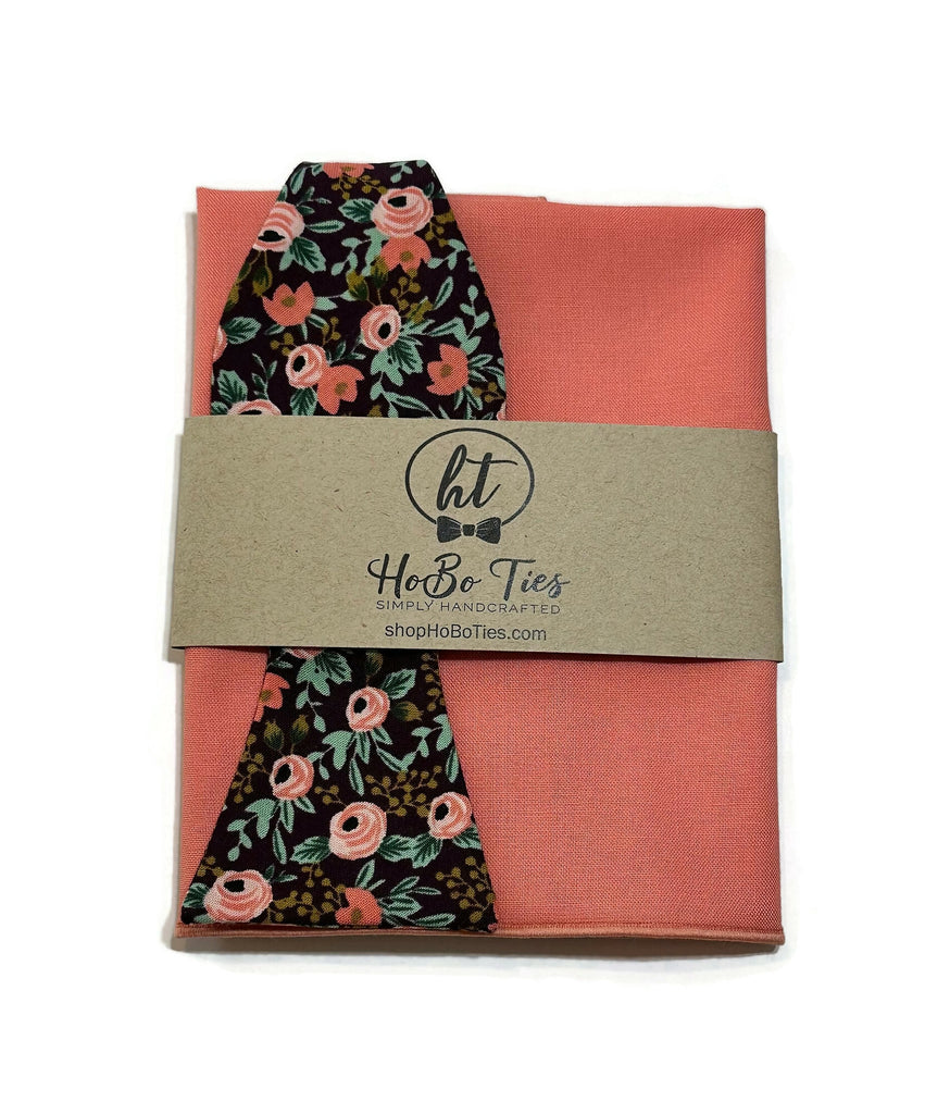 Currant Rosa Floral Bow Tie with matching solid pocket square, perfect for wedding accessories for men.